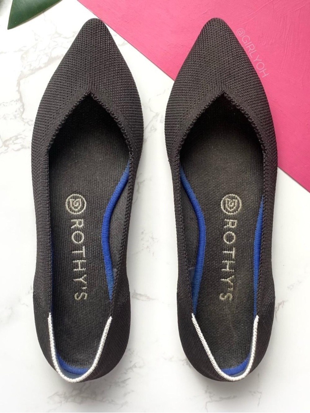 Rothy's Black Pointed Knit Flats with Blue Insole Trim